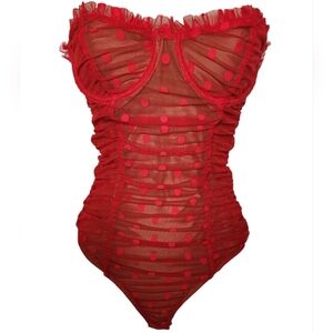Majorelle Red Polka Dot Sheer Corset Bodysuit XS Strapless Ruched Mesh